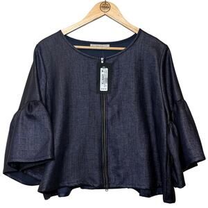 Bryn Walker Navy Raffia Frida Jacket Ruffle Full-Zip Made In USA Women's Medium